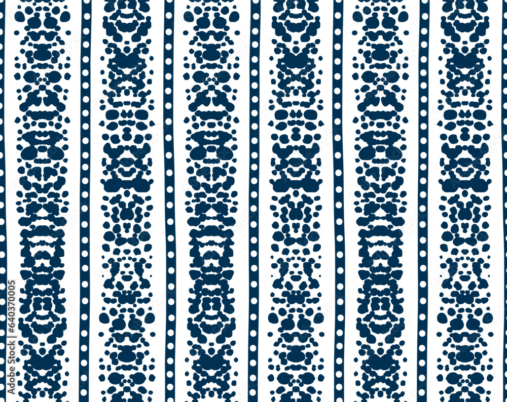 Ethnic seamless pattern of dark blue vertical stripes with rorschach ink blot texture; monochrome geometric vector background of abstract lace