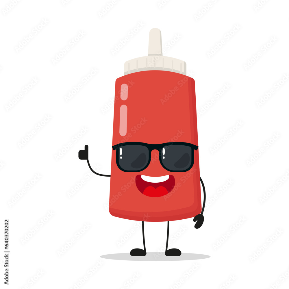 Cute happy tomato sauce bottle character wear sunglasses. Funny food