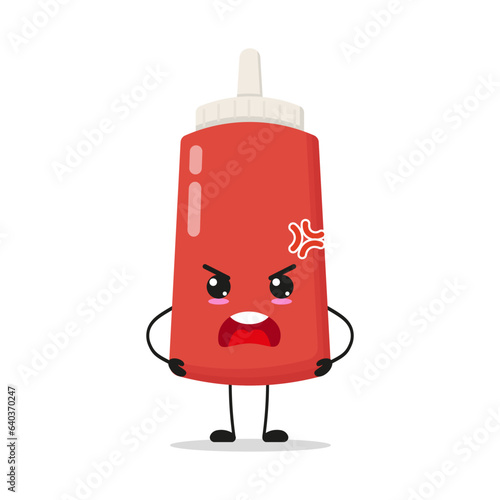 Cute angry tomato sauce bottle character. Funny mad food cartoon emoticon in flat style. tomato sauce bottle emoji vector illustration