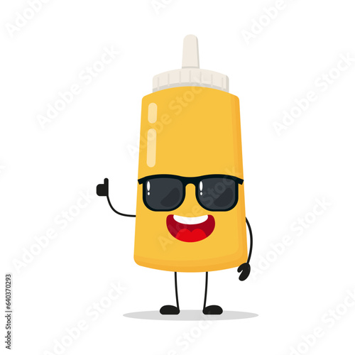 Cute happy mustard sauce bottle character wear sunglasses. Funny food greet friend cartoon emoticon in flat style. mayonnaise bottle emoji vector illustration