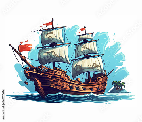 A sailing ship at sea. Illustration isolated on white background.