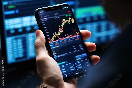 Businessman holds a smartphone with candlestick charts on the display. Hand and phone only. State of the financial system.