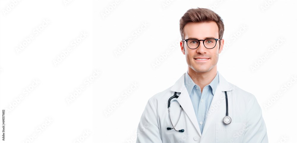 Male doctor wearing white long sleeved medical uniform. Banner with copy space. Isolated on white