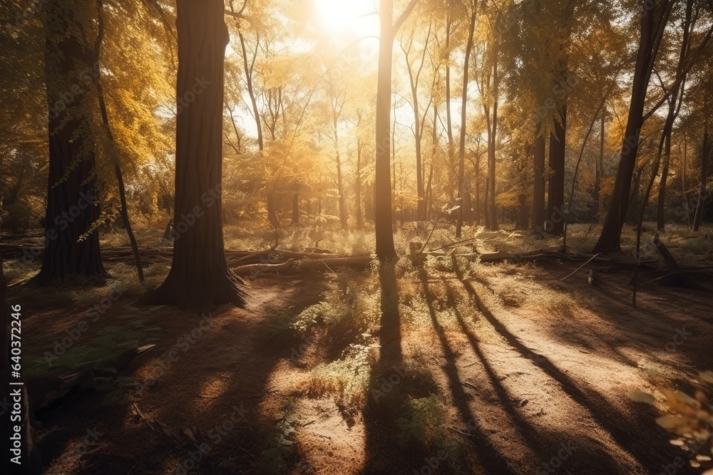 the sun shines through the trees in the forest on a sunny day. Generative AI