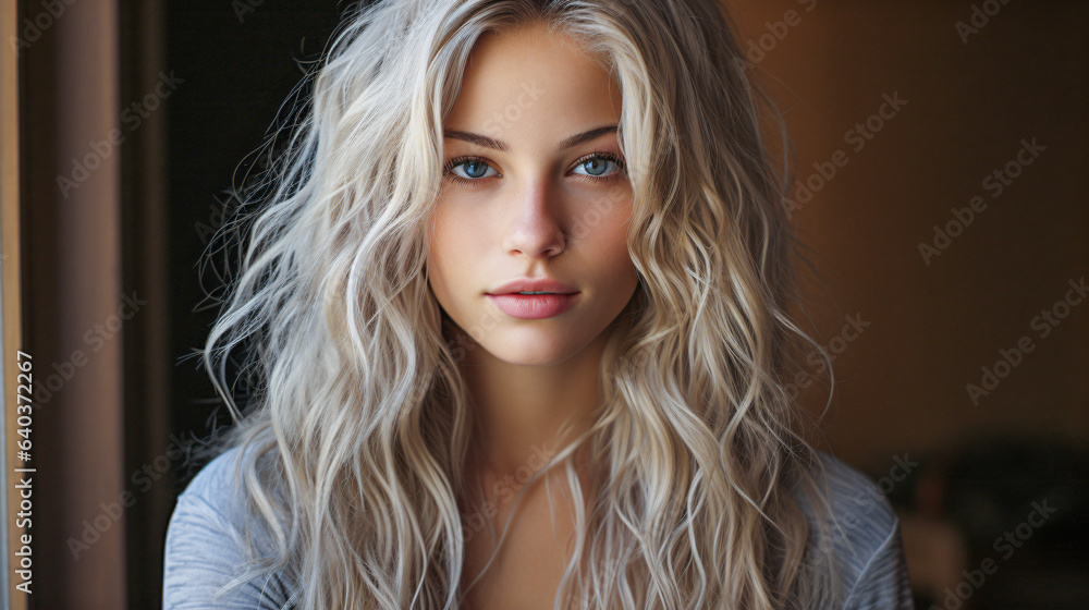 portrait of an  regular classy 25 years old women with long blond hair  - obrazy, fototapety, plakaty 