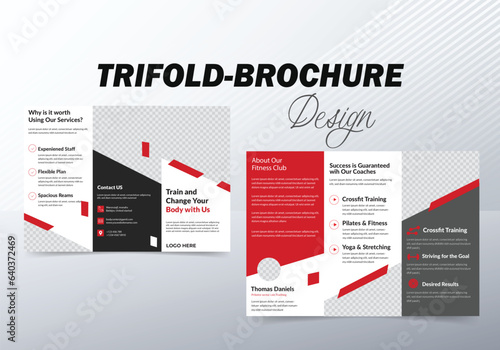 Modern trifold business Brochure design template with black and red Accents.