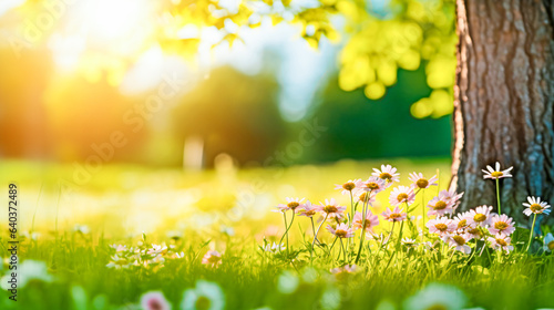 field with tree trunk against bokeh background