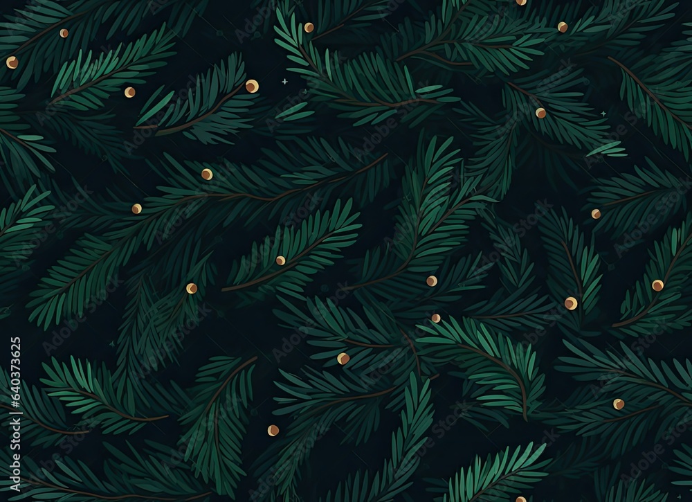 A festive background featuring the textured elegance of spruce branches from a Christmas tree, exuding the enchanting spirit of the holiday season. SEAMLESS PATTERN. SEAMLESS WALLPAPER.