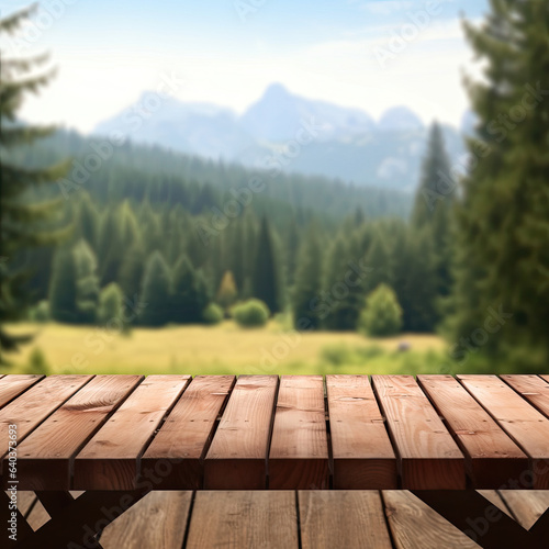 wooden table in the mountains, generative ai