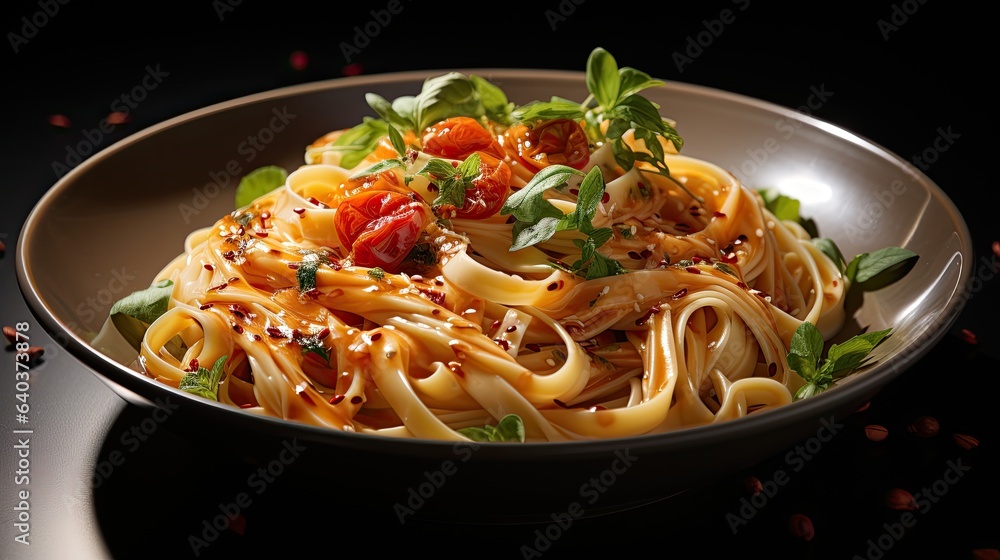 Image of pasta in a plate on a dark background with various ingredients. Image of pasta in a plate on a dark background with various ingredients.