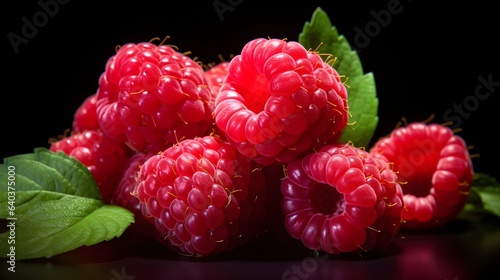 Close up raspberries plant. Organic detailed hyper realistic background.