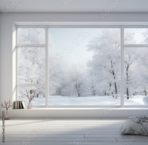 A residential window framed by a serene landscape of snow-covered surroundings and towering trees. The windowpane captures the tranquility of a winter scene  where the pristine white snow blankets