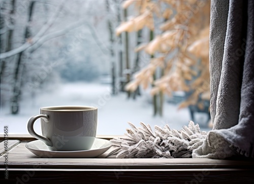 In a picturesque winter still life, a cup of steaming hot coffee is nestled beside a soft, inviting plaid on the vintage windowsill of a quaint cottage.
