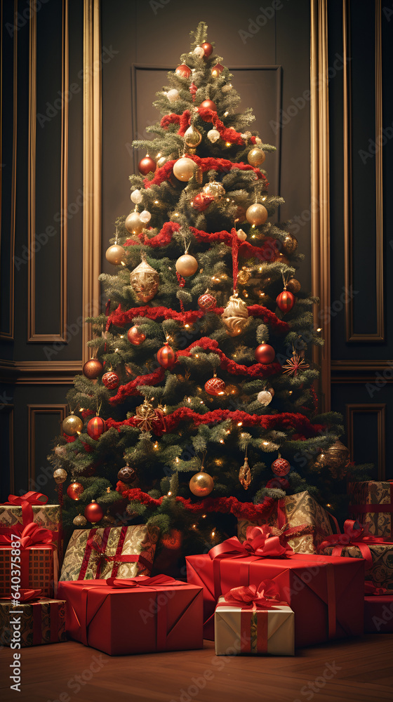 Christmas tree with presents background elegant calming phone background. Generative AI