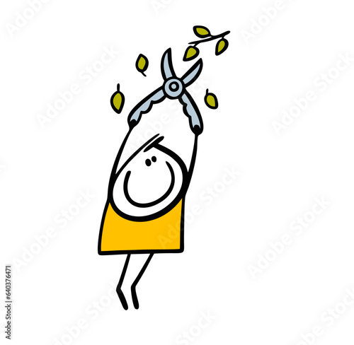Cheerful stickman gardener cuts branches in the garden with scissors. Vector illustration of worker and a garden tool for the decoration of bushes and trees.