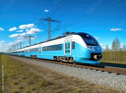 A high-speed passenger train of Class X effortlessly races along the railway, cutting through the landscape with a sense of dynamic motion. The surrounding scenery unfolds in a blur as the train zips