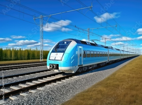 A high-speed passenger train of Class X effortlessly races along the railway, cutting through the landscape with a sense of dynamic motion. The surrounding scenery unfolds in a blur as the train zips