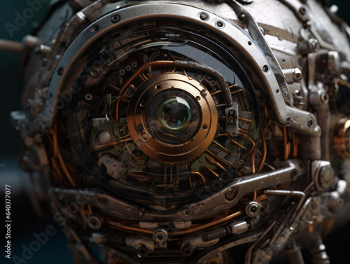 A close-up of a robotic eye with intricate mechanical details.