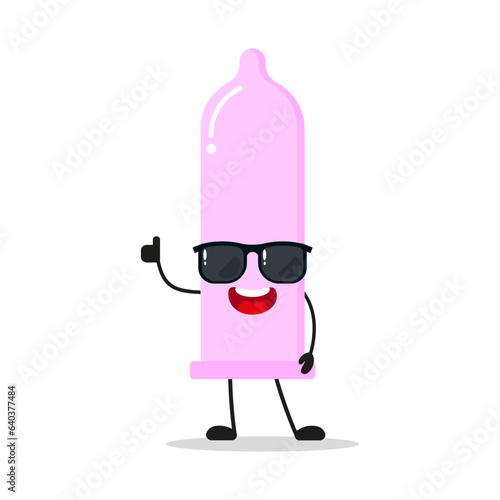 Cute happy condom character wear sunglasses. Funny contraceptive greet friend cartoon emoticon in flat style. protection emoji vector illustration