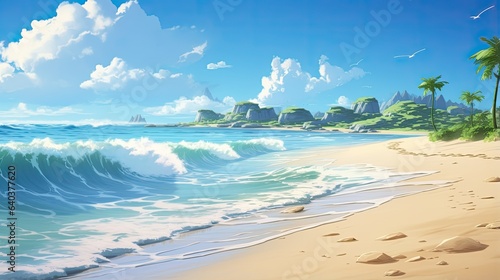 beach with palm trees with mountain
