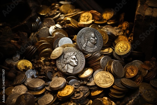 Old coins shine, telling stories of past times., generative IA