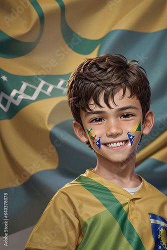 Kid Celebrating Brazil Independence Day Next in Country Flag, Cinematic Sunset City Background