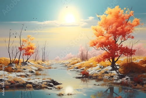 Picturesque natural autumn landscape with sun, blue sky and beautiful trees with red and orange foliage. Generated by AI. © Iryna
