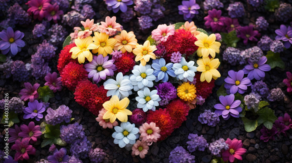 Generative AI, heart shaped flower bed, valentine's day card, love, romance, bloom, passion, petals, bloom, space for text, symbol Generative AI, heart shaped flower bed, valentine's day card, love, romance, bloom, passion, petals, bloom, space for text, symbol