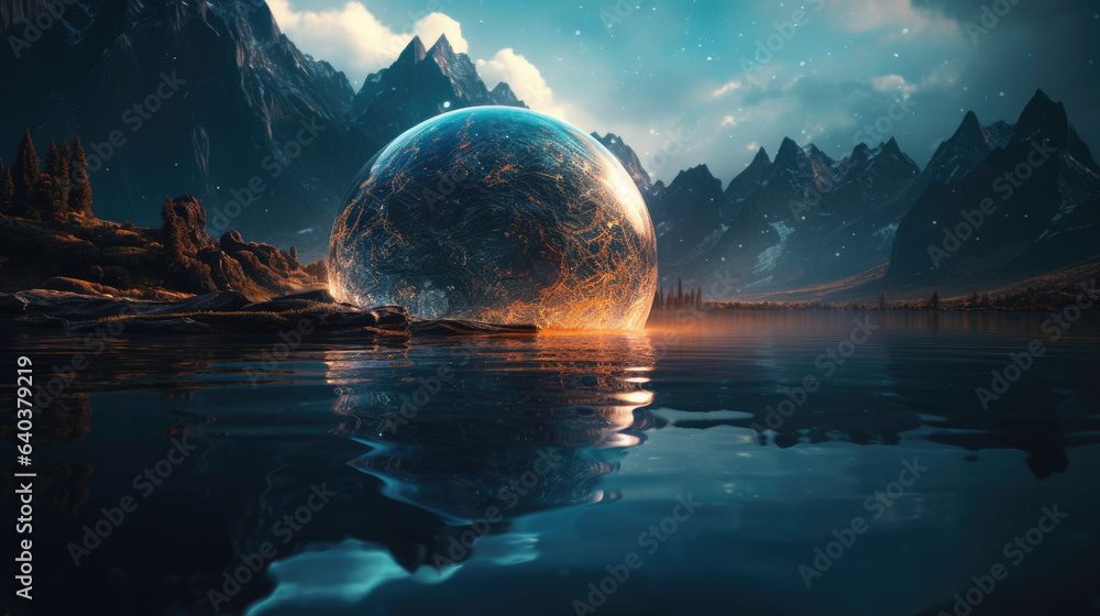 Futuristic fantasy landscape, sci-fi landscape with planet, neon light, cold planet. Galaxy, unknown planet. Dark natural scene with light reflection in water. - obrazy, fototapety, plakaty 