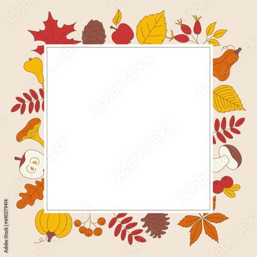 Autumn harvest card, fall festival poster or thanksgiving background with leaves, pumpkin, berries, fruits, mushrooms and cones. Color vector illustration