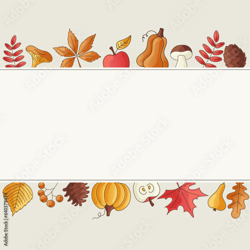 Autumn harvest card, fall festival poster or thanksgiving background with leaves, pumpkin, berries, fruits, mushrooms and cones. Color vector illustration
