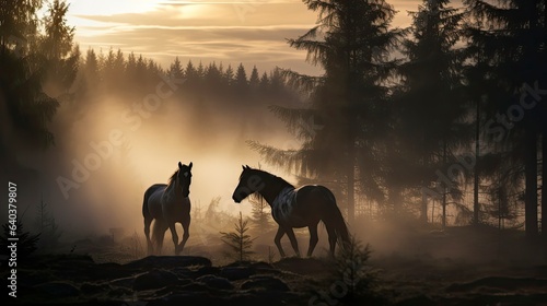 horses in the fog