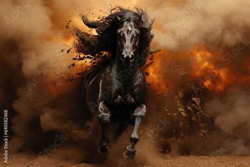 Black horse running from fire and sand storm