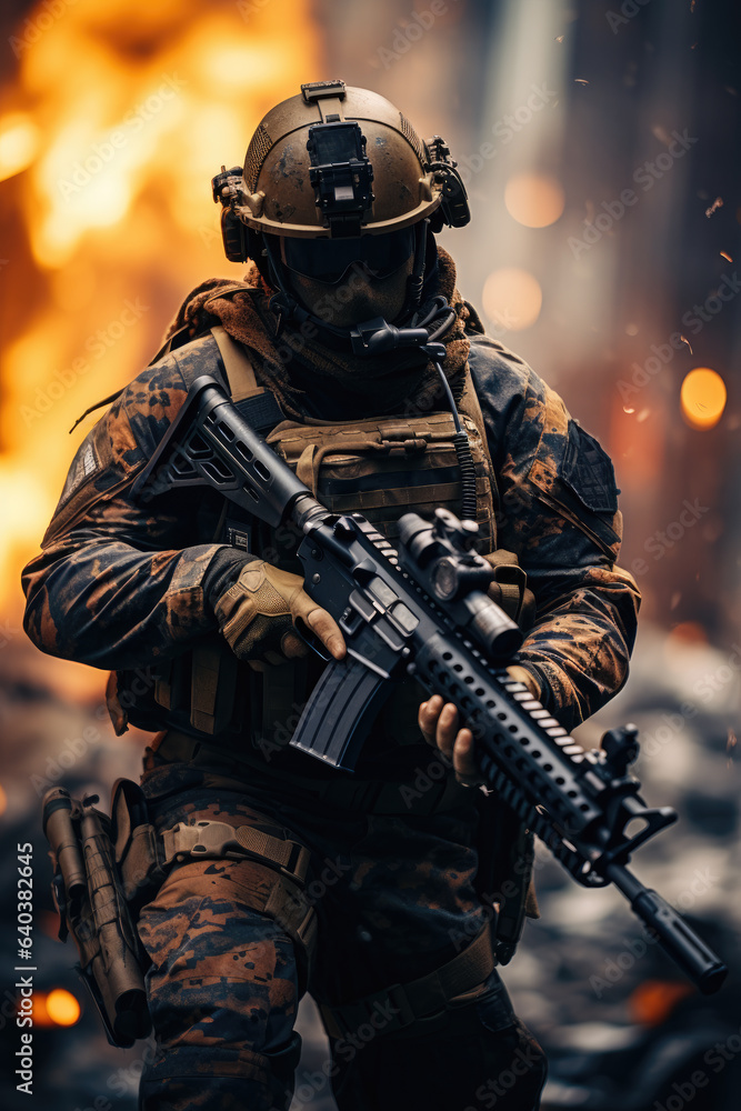 Soldier in the full military equipment with a rifle on the fire background