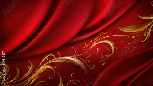 Red satin background with golden ornaments created with Generative AI