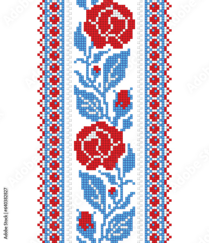 Realistic Cross-Stitch Embroideried Seamless Border with Roses. Ethnic Floral Motif, Handmade Stylization. Traditional Ukrainian Red and Blue Embroidery. Ethnic Design. Vector 3d Illustration