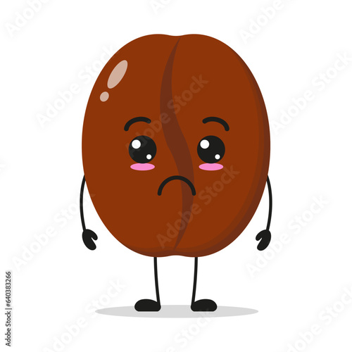 Cute sad coffee seed character. Funny heartbroken drink cartoon emoticon in flat style. coffee emoji vector illustration