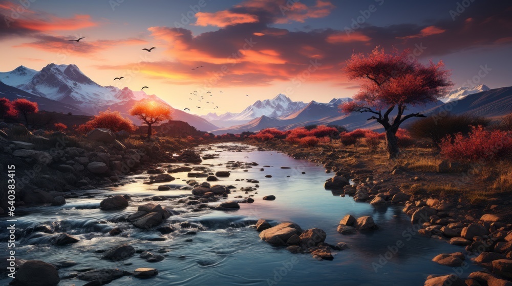 Serene River Landscape at Sunset. Serene River Landscape at Sunset.