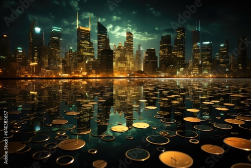 Golden coin maze, graphic skyscrapers and profit trees on a single economic scene., generative IA