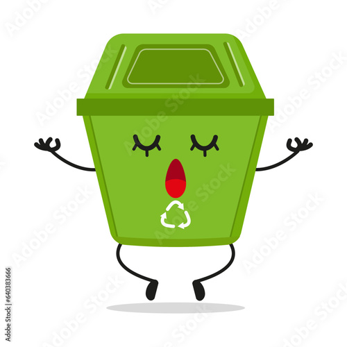 Cute relax trash bin character. Funny yoga dustbin cartoon emoticon in flat style. wastebin emoji meditation vector illustration