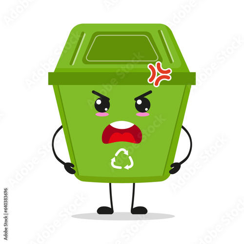 Cute angry trash bin character. Funny mad dustbin cartoon emoticon in flat style. wastebin emoji vector illustration