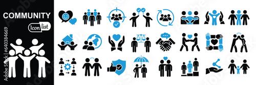 Community icon set. Containing people, friendship, social, diversity, village, relationships, support and community development icons. Solid icon collection