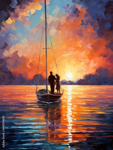 Wanderlust: A couple in love travelling on a boat at sunset during golden hour, Generative AI 