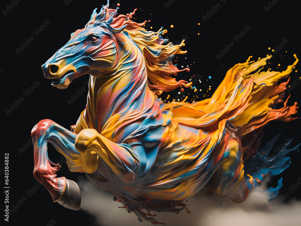 Creative illustration An abstract drawing of a running paint splashed horse isolated on a black background. Colorful artistic painting of a horse in many colors. Generative AI - obrazy, fototapety, plakaty 
