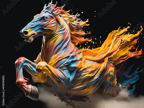 Creative illustration An abstract drawing of a running paint splashed horse isolated on a black background. Colorful artistic painting of a horse in many colors. Generative AI