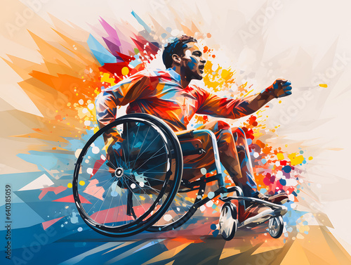 Silhouette of a disabled man in a wheelchair practicing sports. Colored illustration of a person in a wheelchair. Paralympic games paris 2024. Generative AI photo