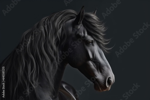 Portrait of black stallion Horse with long mane.