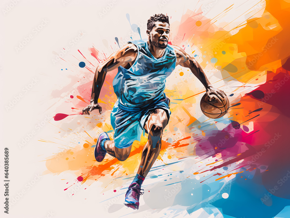 Basketball player running with the ball. Colorful illustration. Silhouette of a running athlete. Olympic Games Paris 2024. Generative AI