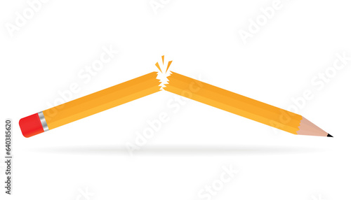Broken pencil isolated on white background. Broken wooden pen. Broken yellow pencil. Conceptual icon of error, anger, frustration or failure. Symbol of creative crisis, job stress and employee burnout