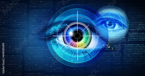 Fototapeta Naklejka Na Ścianę i Meble -  Biometric security background and digital identity as an Iris scan recognition or Retinal scanning as a method of biometrics identification and cybernetic technology
